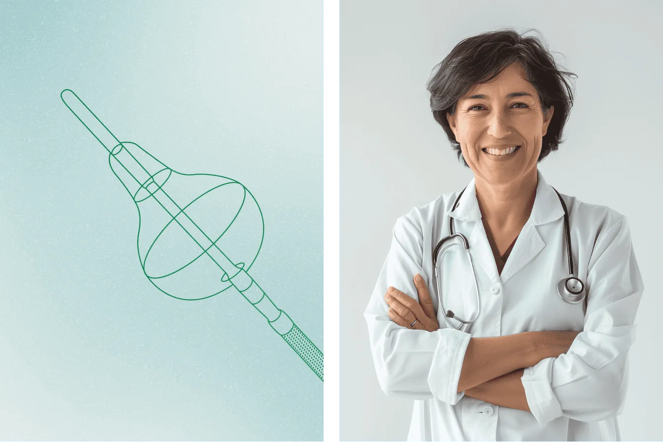 The catheter drawn as a precise line illustration beside the clinician it serves