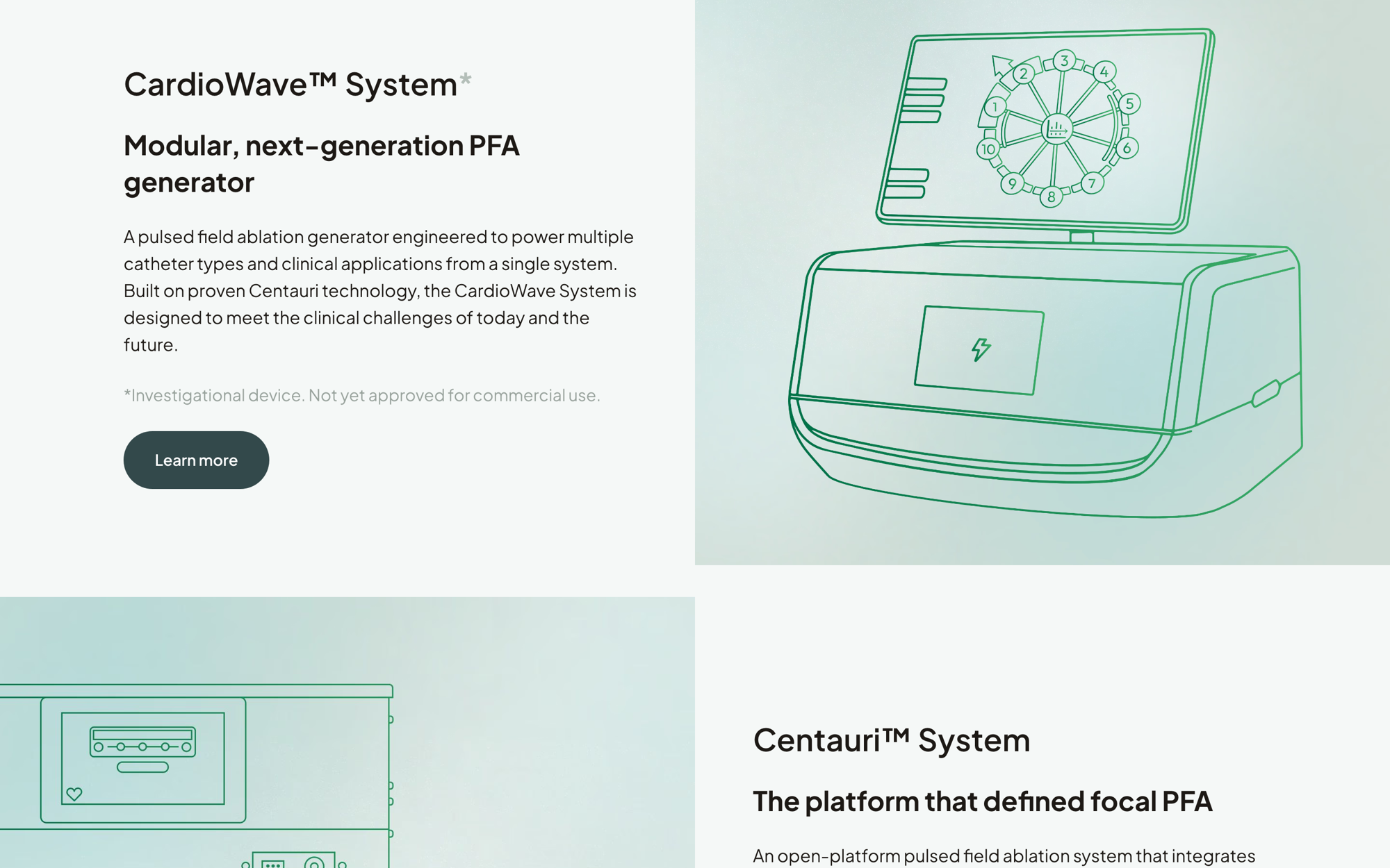 System pages: CardioWave and Centauri, specified rather than sold