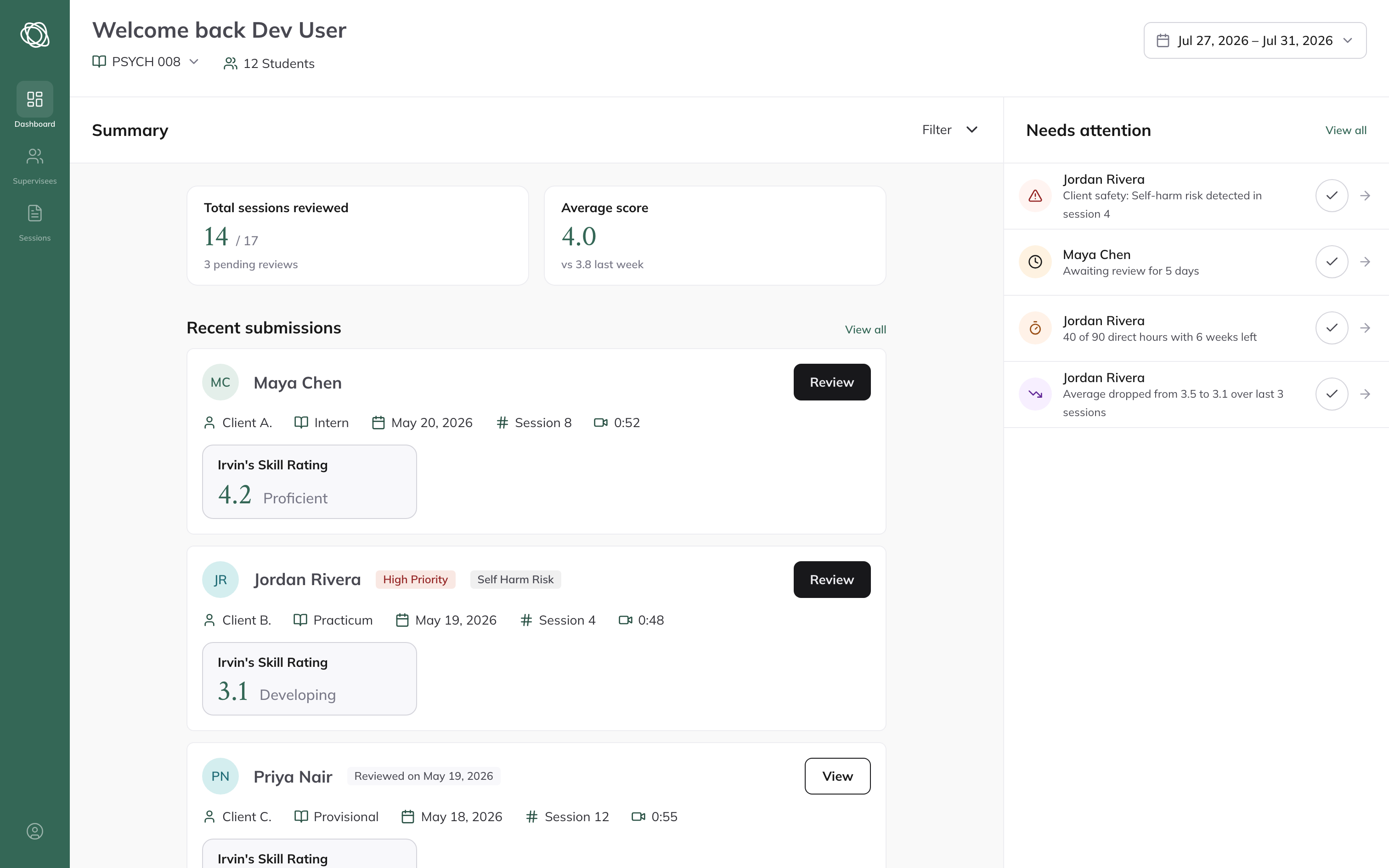 The supervisor dashboard: recent submissions and the Needs Attention queue