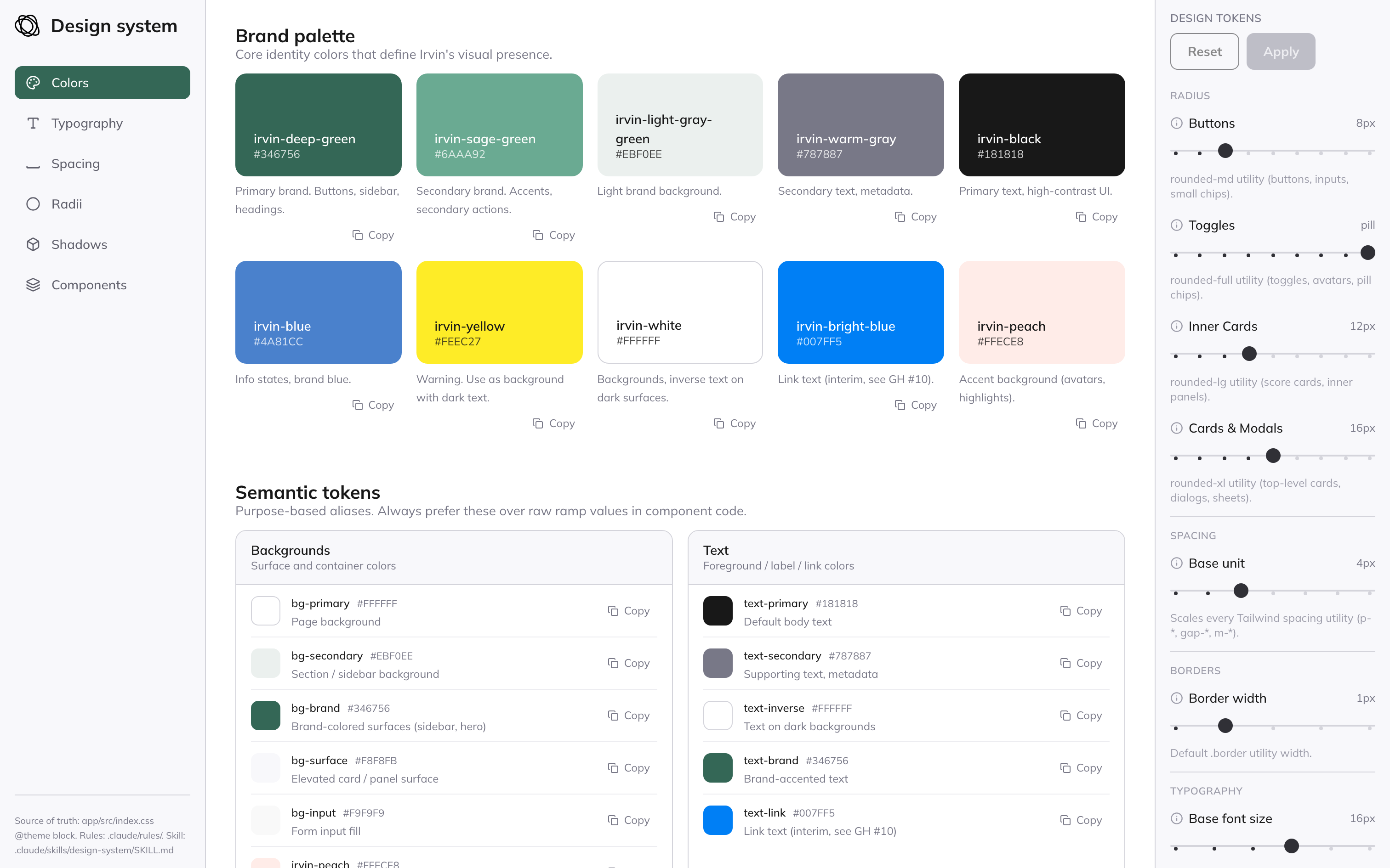 Irvin's design system: brand palettes, semantic tokens, and components
