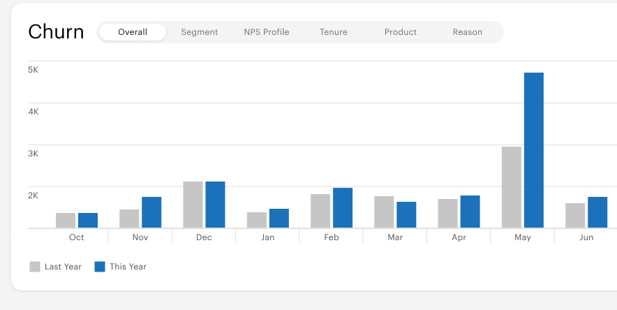 The churn chart, sliceable by segment, tenure, product, and reason