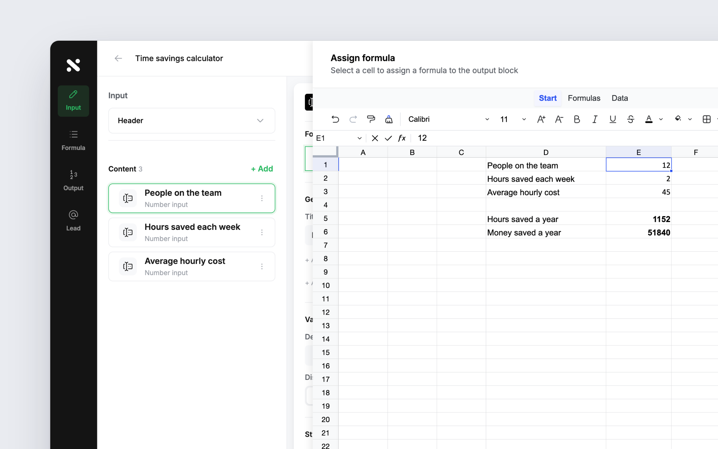 The builder's Assign formula view: the imported spreadsheet opens inside the builder, and a cell becomes an output