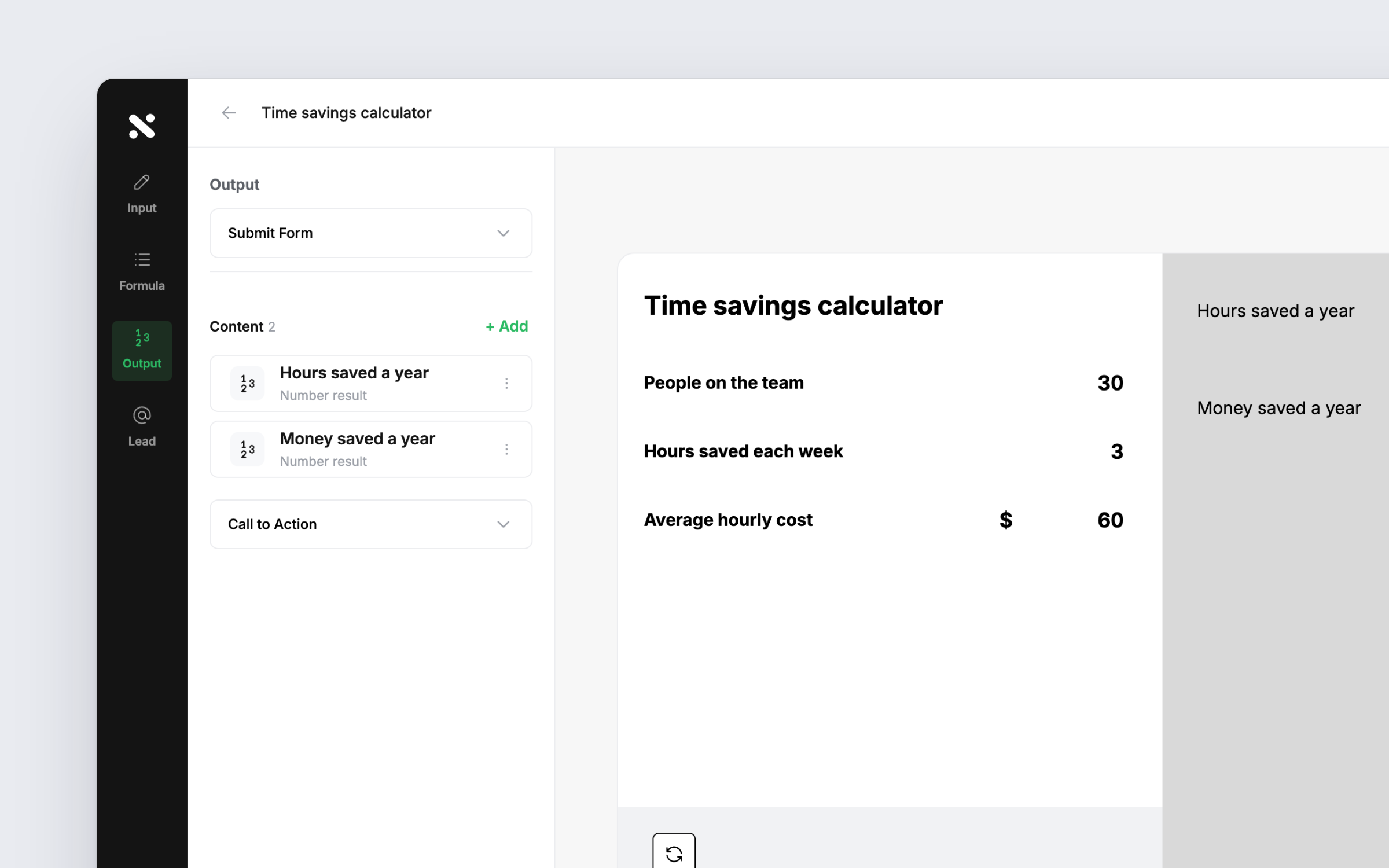 The builder's Output tab with a live preview of the published calculator