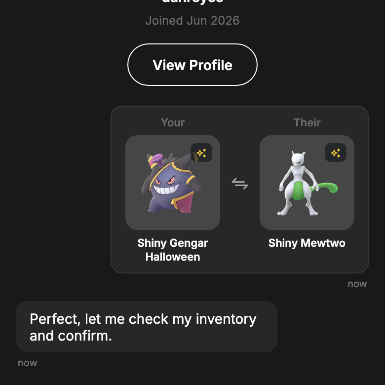 An offer in the chat: your Shiny Gengar for their Shiny Mewtwo, as a card