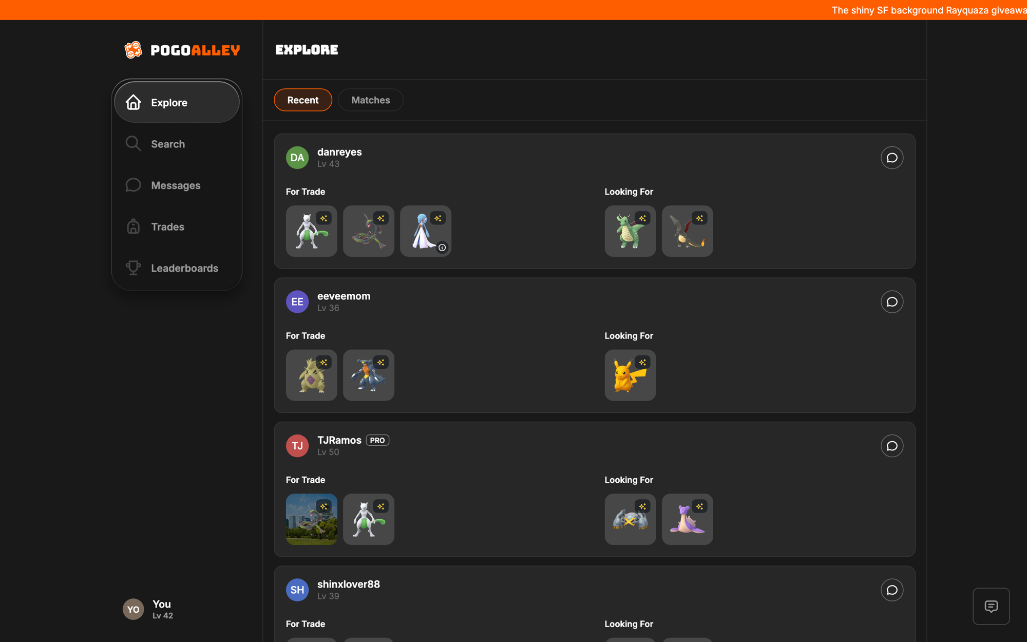The Explore feed: every trainer's For Trade and Looking For lists, side by side