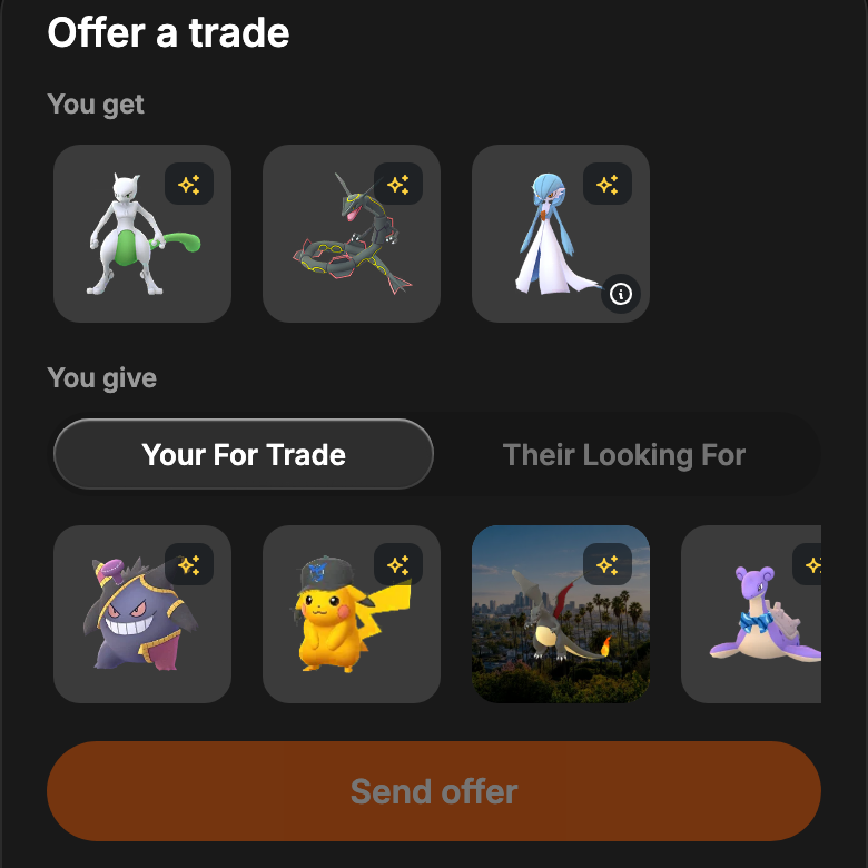 Offer a trade: pick what you get and what you give, visually, from real lists